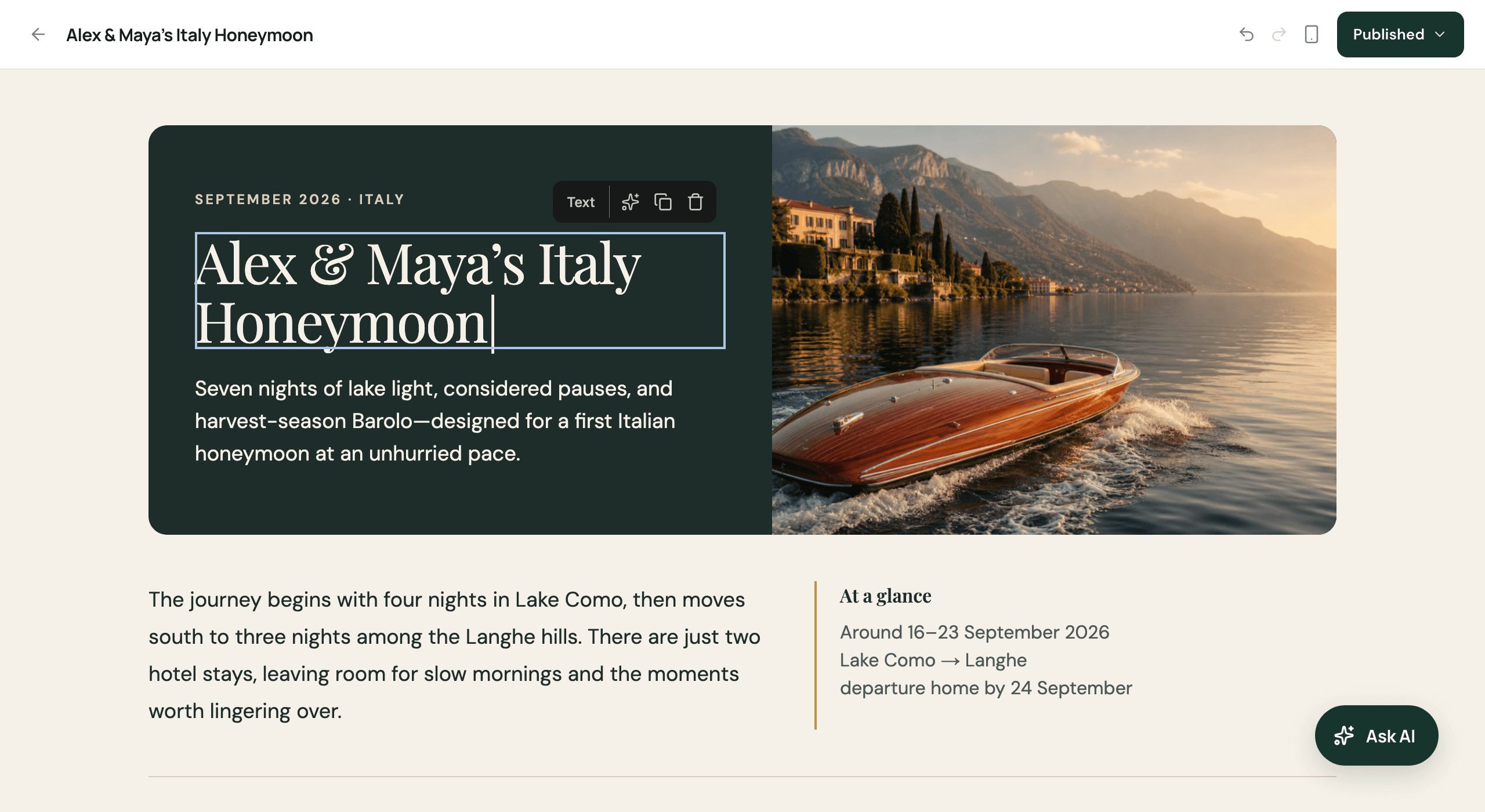 TripFit editor showing Alex and Maya's Italy honeymoon proposal with the title selected for editing