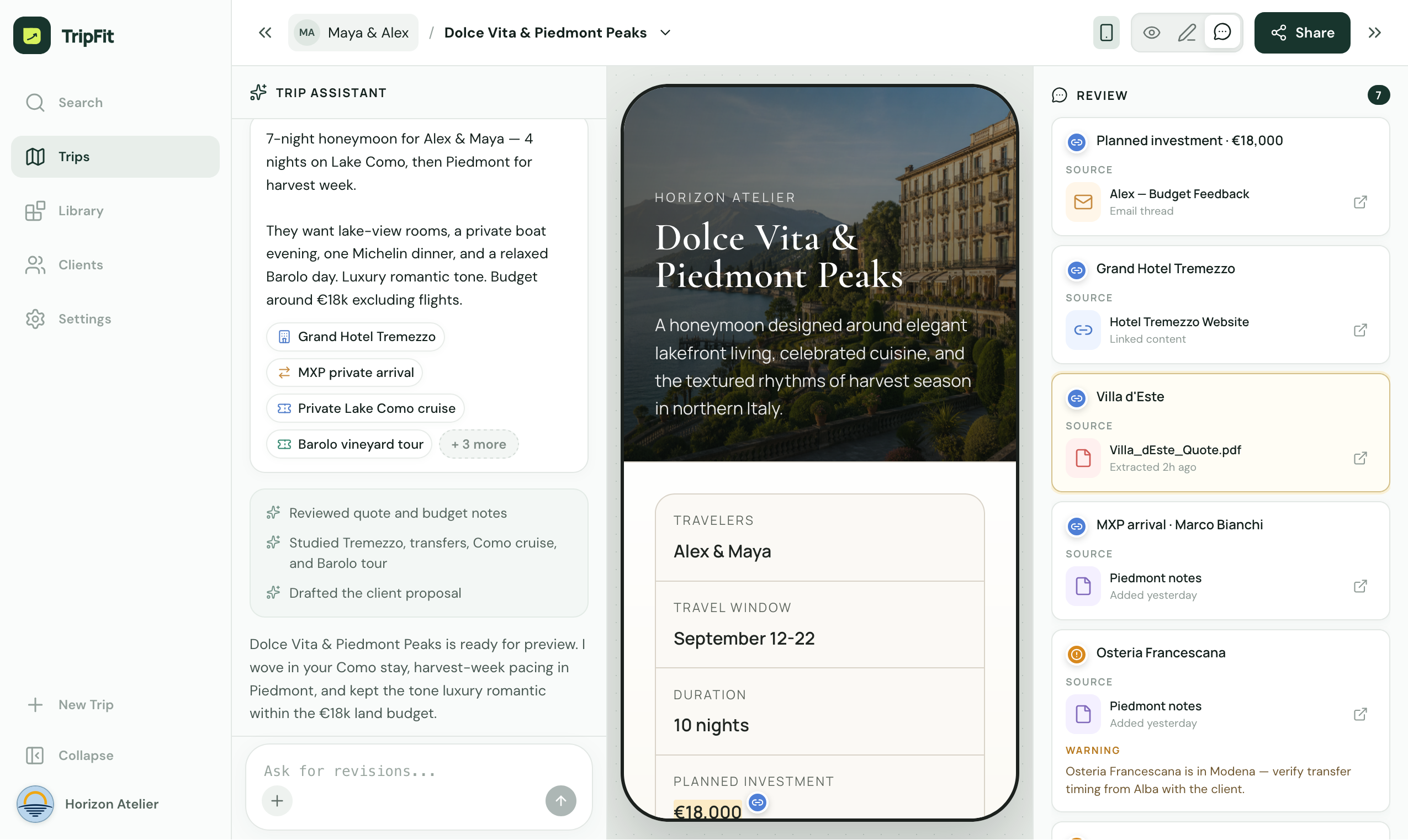 TripFit itinerary workspace with trip assistant, proposal preview, and review sources